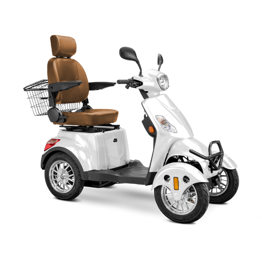The Bespoke Prestige Recreational 4-Wheel Scooter features a white finish, brown adjustable seat with armrests, rear storage basket, and handlebars for comfortable and accessible personal transportation.